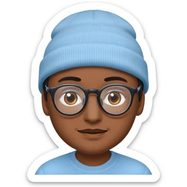 A person emoji with medium-dark skin, wearing a light blue beanie and black-framed glasses, with brown eyes, dark eyebrows, a small nose, and a subtle smile on a clean-shaven face. sticker