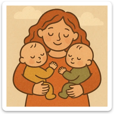 mother in a drawn style with soft lines and cartoonish but detailed faces, warm palette, hugging two babies, one on each arm, non-realistic style with soft shadows and highlights, atmosphere of care and tenderness sticker