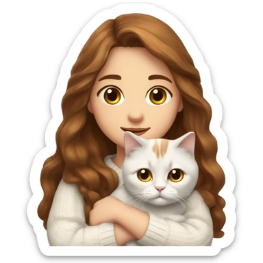 a girl with long brown hair, in a white sweater, hugs a Scottish fold cat. sticker