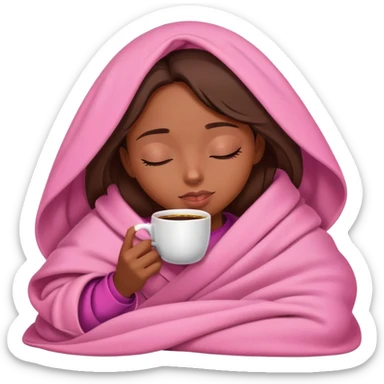 Brown skin girl inside a pink blanket sipping coffee eyes closed sticker