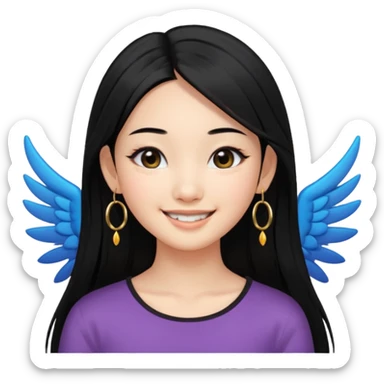 A Asian girl with fare skin and hoop earrings, long straight black hair with black eyes, smiling with a open wings eyeliner sticker