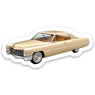 Streamlined beige 1966 Cadillac DeVille, minimal design language, 30-degree view showing simplified front and side, Once Upon a Hollywood reference, iOS emoji style sticker