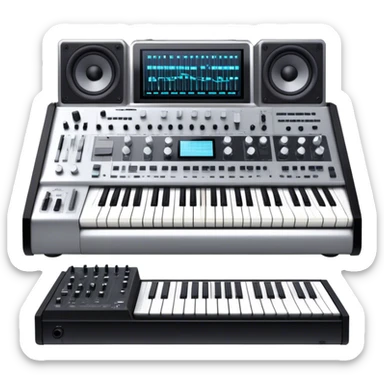 Create a professional and detailed emoji that represents sound design equipment. The design should feature a high-end Korg synthesizer, a sound mixing console, and a control panel with audio cables connecting to large studio speakers. Surround the equipment with sound waves made of musical notes to symbolize the creative process of shaping sound. Use sleek colors like silver, black, and neon accents to highlight the high-tech nature of the equipment. The background should be transparent. sticker