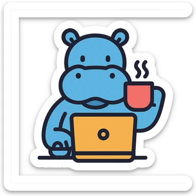 A cartoon hippopotamus who sits at a laptop and drinks coffee sticker