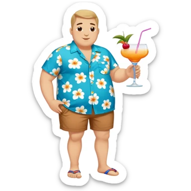 chubby guy full figure in a flowered azure havai shirt, brown shorts and flippers holding a cocktail sticker