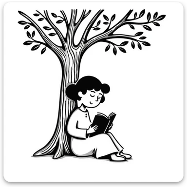 a girl under a tree reading a book, hand drawn doodle style sticker