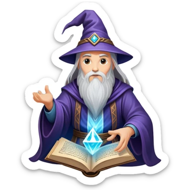 An icon representing an adventure game, inspired by mystical fantasy. The design features a wise and powerful wizard floating above an ancient spellbook, arcane runes glowing beneath him. The swirling cosmic background hints at deep magical knowledge, adventure, and untold power. Transparent background. sticker