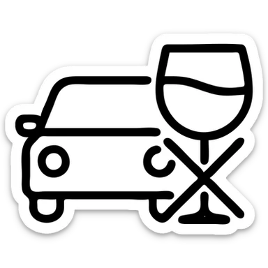 outlined icon of a car with a crossed-out wine glass, symbolizing no drunk driving sticker