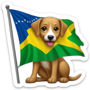 a caramel street dog holding a brazilian flag sticker