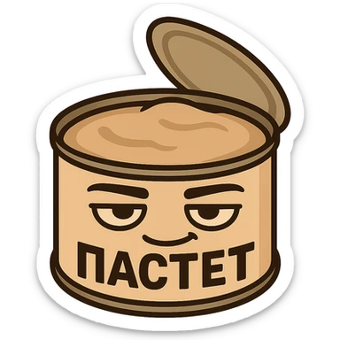 Chibi open pâté can character, masculine confident look, relaxed smug smile, heavy eyelids, strong outline, simple emoji style, neutral warm colors, minimal design, Twitch emote optimized, Cyrillic text "ПАСТЕТ" bold and clear sticker