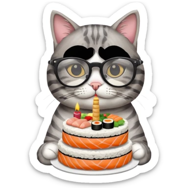 cat with cool glasses eating a birthday cake made out of sushi sticker