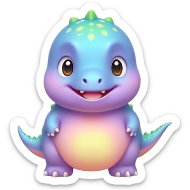 Cinematic tiny pastel dinosaur, chubby round body, tiny feet, big sparkling eyes, soft glowing colors, happy and friendly expression, radiating warmth. sticker