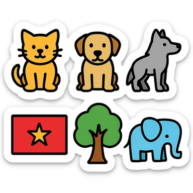 cat, dog, wolf, Vietnam flag, tree, elephant, and a glass all together in lineal color icon with black outlines style sticker
