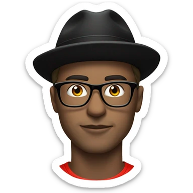 a white man in a black hat, with horns and wearing glasses and a Manchester United T-shirt sticker