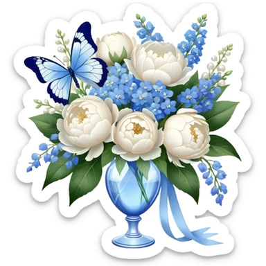 A crystal vase filled with a lush bouquet of white peonies and pale blue delphiniums sits atop a lace-covered table. A sheer ivory ribbon cascades down the side, intertwining with pearl beads, while a delicate blue butterfly flutters just above the petals sticker
