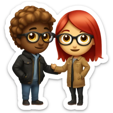girl with black and red-tainted hair and circular golden glasses kissing boy with mi-long brown hair wearing costume jacket sticker
