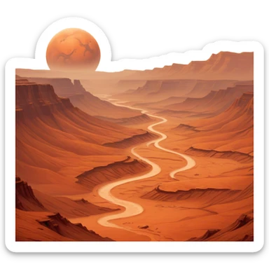 Cinematic Realistic Mars, portrayed with rugged, rust-colored landscapes, deep canyons, and swirling dust storms rendered with lifelike texture and an orange-hued glow that evokes the enigmatic allure of the Red Planet. sticker
