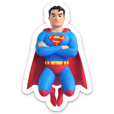 Superman hovering with arms crossed, bright blue and red costume, shiny finish, 3D cartoon style sticker