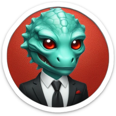 Aquamarine reptilian in classic black suite with red laser eyes on the middle of platinum coin sticker