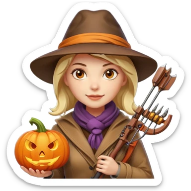 female human monster hunter emoji, wearing brown coat and hat, holding crossbow, soft smile, scarf, glowing pumpkin by her side, Halloween fantasy style, clean vector Apple emoji look, bright colors, white background, square sticker