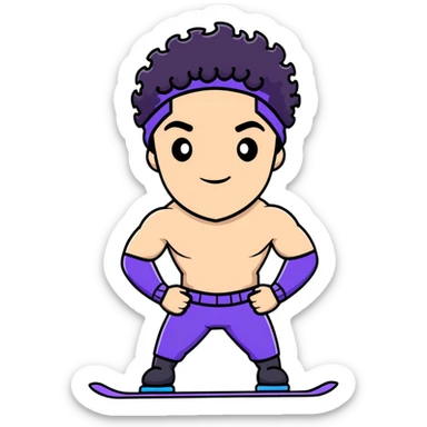 shirtless athletic man with white skin and black curly hair, wearing a purple ski mask sticker