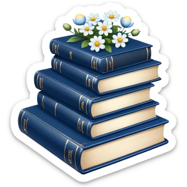 "A vintage-inspired book stack with deep blue covers, accompanied by delicate flowers and magical elements."
 sticker