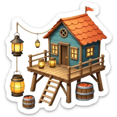 
fisherman house on a wooden pier, small dock, fishing nets hanging, barrels, lantern, ocean vibe, 3D cartoon, cute mobile game icon, clean background, no text
 sticker