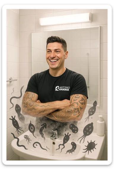 a man stands in a brightly lit bathroom, looking relieved and revitalized as he examines his reflection in the mirror. In the foreground, stylized, shadowy images of parasites (such as worms or protozoa) are shown leaving his body, dissolving into mist or fading away. His posture is upright and his expression is one of newfound energy and health. sticker