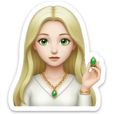 girl with very pale skin, green eyes, long dark blonde hair, white outfit, gold jewelry sticker
