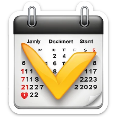 Minimalist emoji of a clean calendar page with a single bold tick and light radiating from behind it, symbolising recommitment and a fresh disciplined start. Flat vector style, transparent background sticker