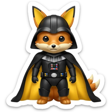 A fox wearing a darth vader Costume with pikachu sticker