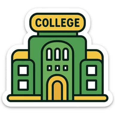 Make the college building less cartoonish, more realistic and professional with a green, gold, and white color scheme. The design should have a modern look with rounded shapes and a simple design, with no background. sticker