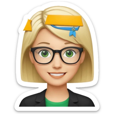 blonde teacher with short hair and green eyes and black glasses smiling sticker
