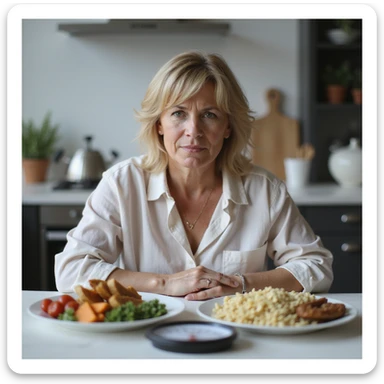 adult woman, photorealistic, yo-yo diet effects, alternating expressions of hope and disappointment, sitting at table with alternating plates of healthy food and junk food, scale showing weight fluctuations, natural light, kitchen background sticker