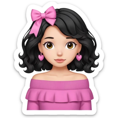 Girl with black wavy not so long hair and a ribbon hair clip beside it make it look like wearing a pink off shoulder sweater sticker