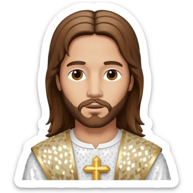 Jesus Christ from The Bible with long brown hair, white sequin outfit sticker
