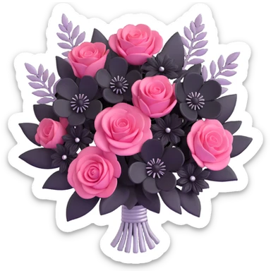 minimal 3D gothic bouquet with silver accents, pink and black flowers, simple and elegant sticker