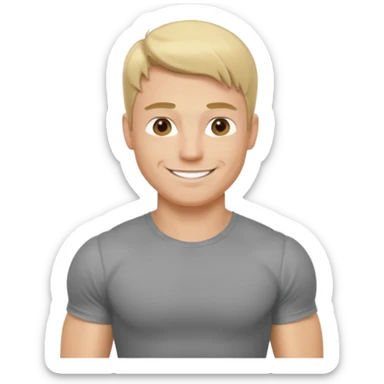 fais le meme blond, tee shirt gris mais musclé et fin qui sourie et ça s'arrête à la taille sticker