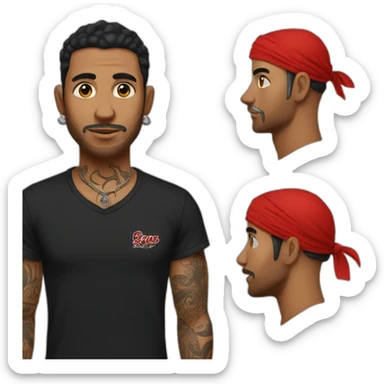 A man with tattoos in a black T-shirt and a red bandana sticker