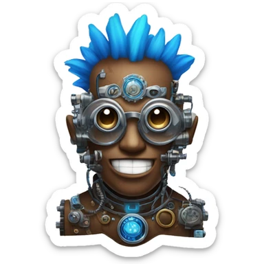 Brown cyborg head with blue Mohawk, blue beard, silver steampunk monocle goggles a smile and circuits sticker