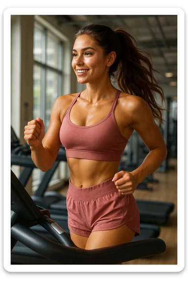 a tanned, athletic, and aesthetic girl running on a treadmill, wearing cute sporty wear, with long but not too long hair, looking really pretty sticker