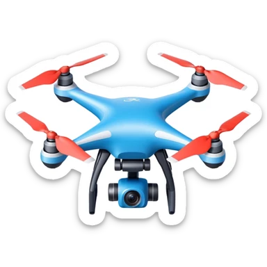 Camera drone sticker, modern quadcopter with 4K camera, sleek design, blue and white color, flat vector style, clean lines, soft shadow, white outline, transparent background sticker