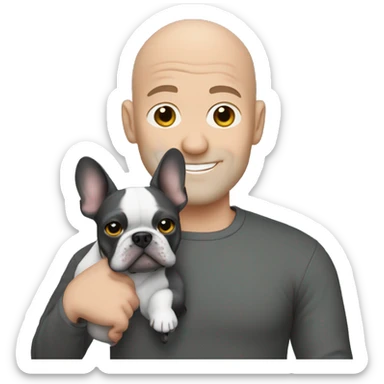 Bald man holding dark grey french bulldog  sticker