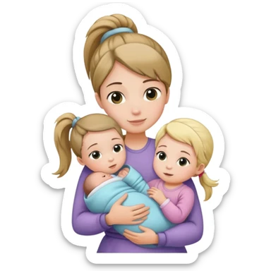Big sister with ponytail carefully holding newborn baby while hugging younger sister sticker