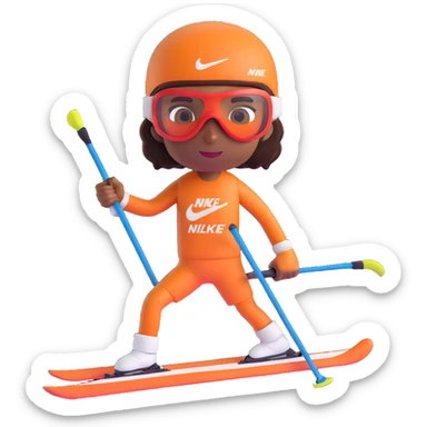 brown-skinned skier with Nike branding, visible arm tattoos, ski goggles, in a modern 3D emoji style sticker