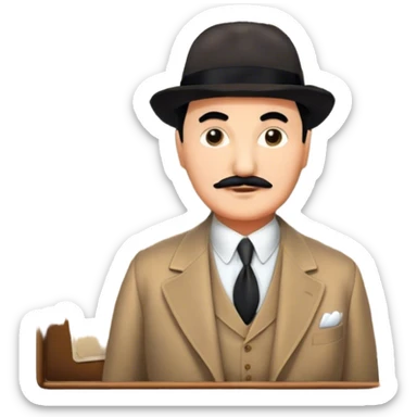 Icon for Detective Movies: A colorful collage with Hercule Poirot and mysterious city backdrop. Include a board with photos of suspects, clues like fingerprints and a crime scene. Retro movie poster style. Transparent background. sticker