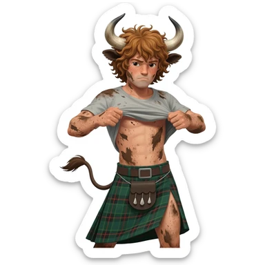 buff curly hairy man covered in dirt with freckles with messy light brown bangs that covers his face completely with bull horns and bull ears and bull tail dressed in kilt rips his T-shirt apart with wind in his hair sticker