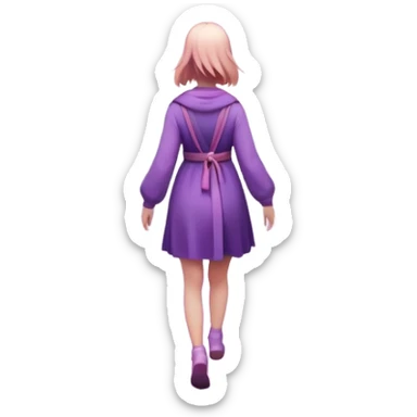A small figure walks back across a foggy bridge, holding soft pink and purple orbs in each hand—symbolizing compassion and forgiveness. A gentle heart aura trails behind them, showing healing in motion. sticker