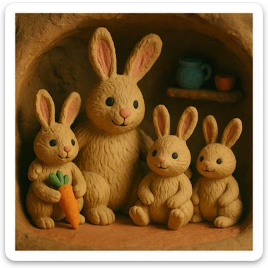 rabbit family in a burrow, cozy and cheerful, detailed fur, claymation style sticker