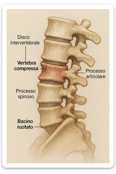 realistic and cinematic anatomical image, only compressed vertebrae clearly visible, lateral view, compression from rotated pelvis, detailed anatomy, Italian captions, aspect ratio 2:3 sticker